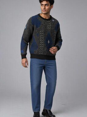 Vintage Montebello Men’s L Black Blue Diamond Geometric Knit Crewneck Sweater